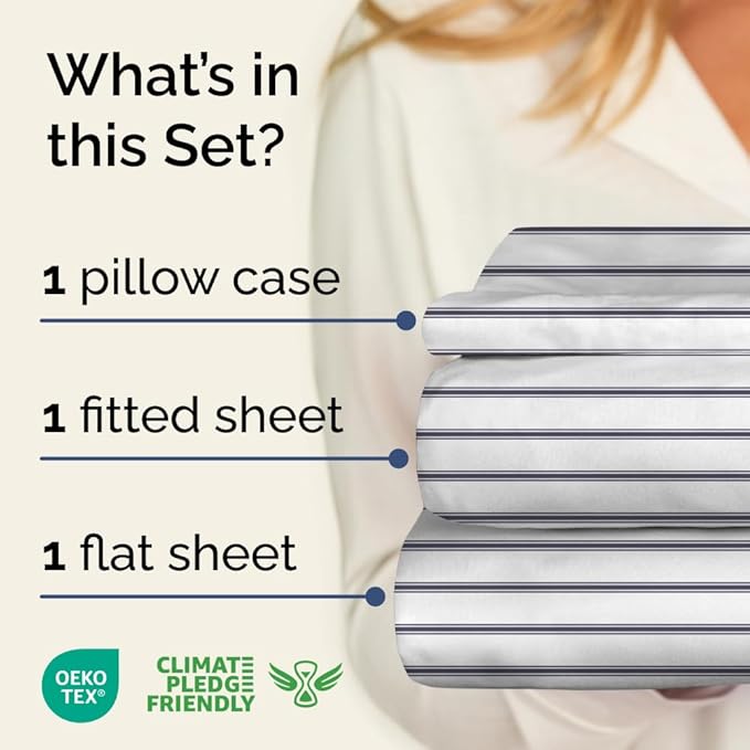 Blue and White Striped Sheets - 1 Flat & 1 Fitted Sheet & 1 Pillowcase w/ Deep Pockets - Cozy, Wrinkle & Fade Resistant - Ultra-Soft, Breathable & Cooling - Luxury Pinstripe Bedding - Twin Size