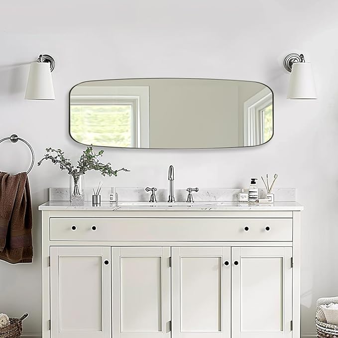 ANDY STAR 18x48 Full Length Wall Mirror, Brushed Nickel Oblong Shaped Body Mirror with Stainless Steel Metal Frame, Rounded Corner Design for Floor and Leaning