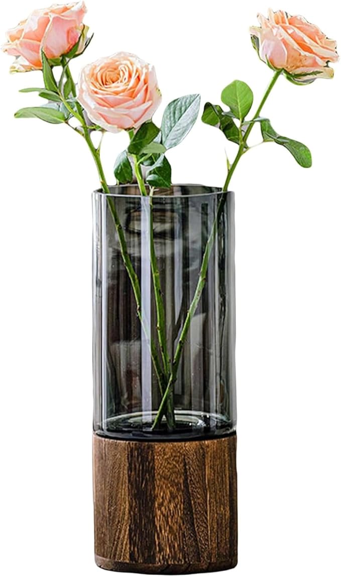 Wooden Vase, Glass Vase with Wooden Base Cylindrical Flower Vase, Classic Boho Rustic Style for Fireplace Bedroom Kitchen Living Room Centerpieces Office Desk, 10" H (Glossy)