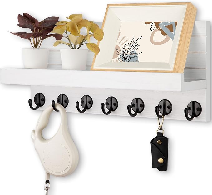 Lwenki Key Holder Wall Mount, Entryway Key and Mail Holder with 7 Sturdy Hooks for Sunglasses, Dog Leash, Decorative Wall Shelf with Mounting Hardware, 15”W x 6.7”H x 4.2”D (White)