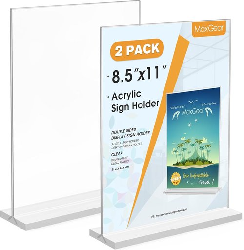 Bindle-MaxGear Acrylic Sign Holder - Double-Sided 8.5x11 Inch Display Stand | Clear Tabletop Frame for Menus & Flyers