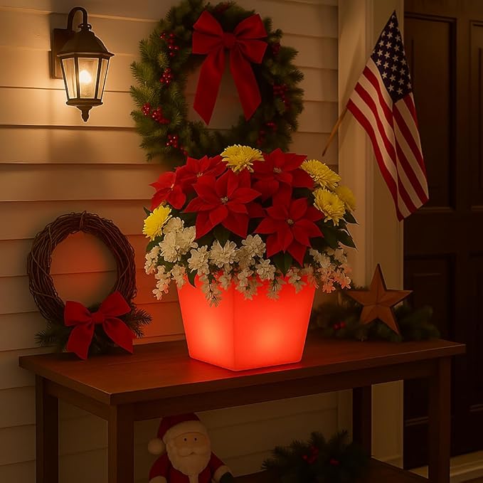 Mr.Go 16-inch LED Flower Pot Light w/Remote, 16 Color Changing Colorful Square Flowerpot, Rechargeable Lighted Planter & Ice Bucket for Home Decor, Perfect for Garden, Party, Wedding, Gifts
