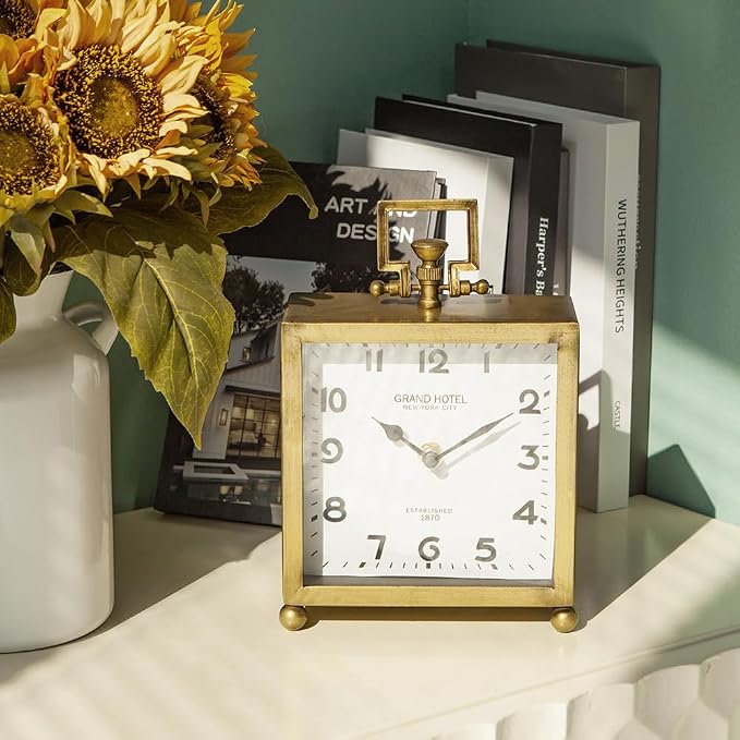 NIKKY HOME Vintage Gold Table Clock, Silent Classic Large Mantel Clock | Non-Ticking Battery-Operated Metal Elegant Decorative Desk Clock, Perfect for Living Rooms, Offices, Shelves