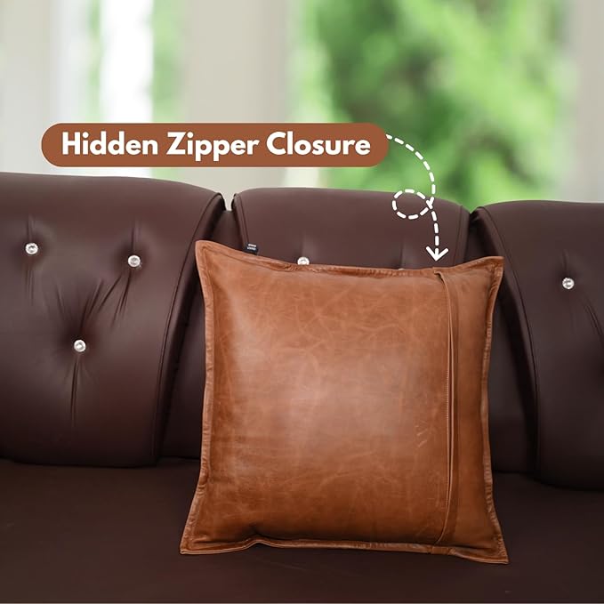 D DOLLY LAMB Lambskin Leather Pillow Cover - Sofa Cushion Case - Decorative Throw Covers for Living Room & Bedroom, 14x14 Inches - Tan Orange Box Pack of 2