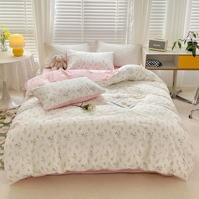 Nayoroom Pink Floral Duvet Cover Queen Size Green Botanical Leaf Printed on White Reversible Coquette Bedding Set 3 Pcs Soft Microfiber Spring Cottagecore Comforter Cover with Zipper Closure