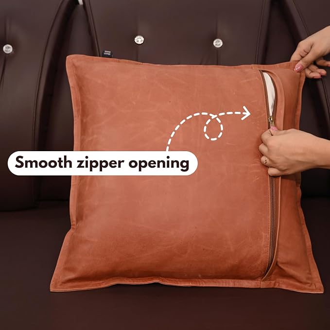 D DOLLY LAMB Lambskin Leather Pillow Cover - Sofa Cushion Case - Decorative Throw Covers for Living Room & Bedroom, 20x20 Inches - Orange Crunch Box Pack of 2