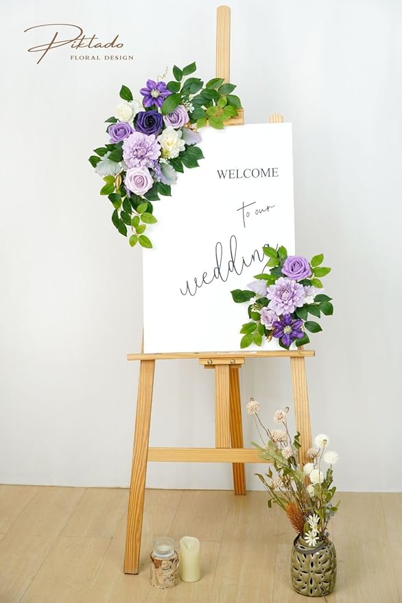 Wedding Decor (Pack of 2) Welcome Sign Flower Backdrop Garland for Ceremony Reception Wall Easel Home Decoration Entryway Faux Outdoor Board Head Table Decor (Lilic & Cream)