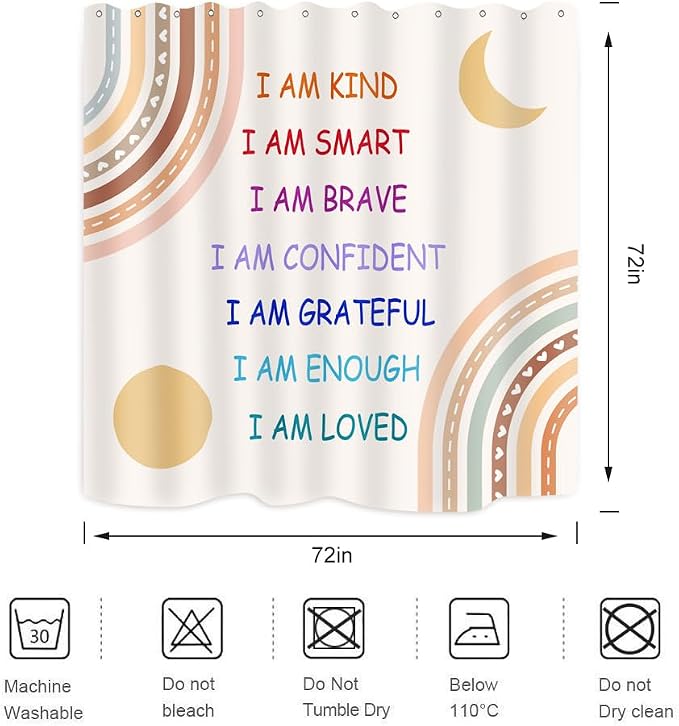 Boho Rainbow Quotes Shower Curtain Colorful Inspirational Positive Kids Teen Girls Abstract Moon Sun Fabric Home Bathroom Decor Waterproof Fabric 72Lx72W Inch with Plastic 12PCS Hooks