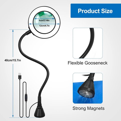 NEWACALOX Magnetic Magnifying Lamp - 10X & 5X Magnification, 3 Color Modes, Flexible Gooseneck