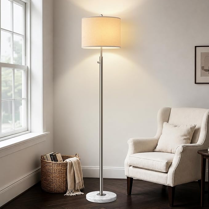 【Upgraded】 Dimmable Floor Lamp for Living Room, 11W LED Bulb Included, Modern Standing Lamp with Marble Base, Tall Pole Light with Linen Shade for Bedroom Reading Office Corner Nursery-Brushed Nickel
