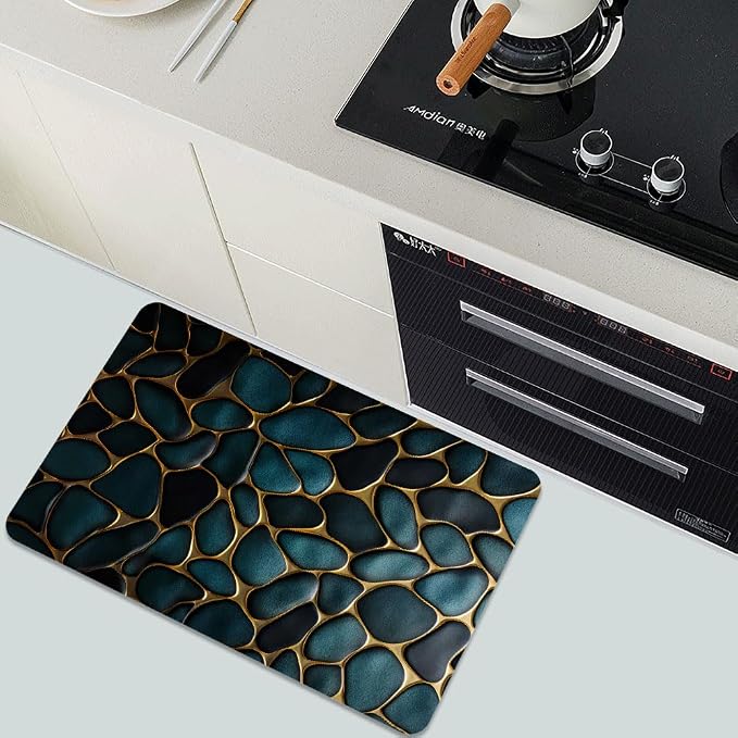 Diatomaceous Earth Bath Mat,Blue and Gold Stones Non-Slip Volume Super Absorbent Fast Drying for Bathroom Kitchen mat,Eco-Friendly Easy to Clean 16×24Inch (40 * 60cm)