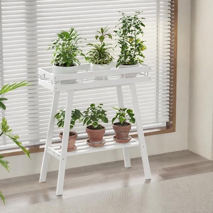 BAMBANG Bamboo Plant Stand Indoor, 2 Tier Small Plant Table, Tall Plant Stand for Indoor Plants, Window Sill Plant Shelf, Flower Pot Holder Plant Bench Plant Rack for Living Room, White