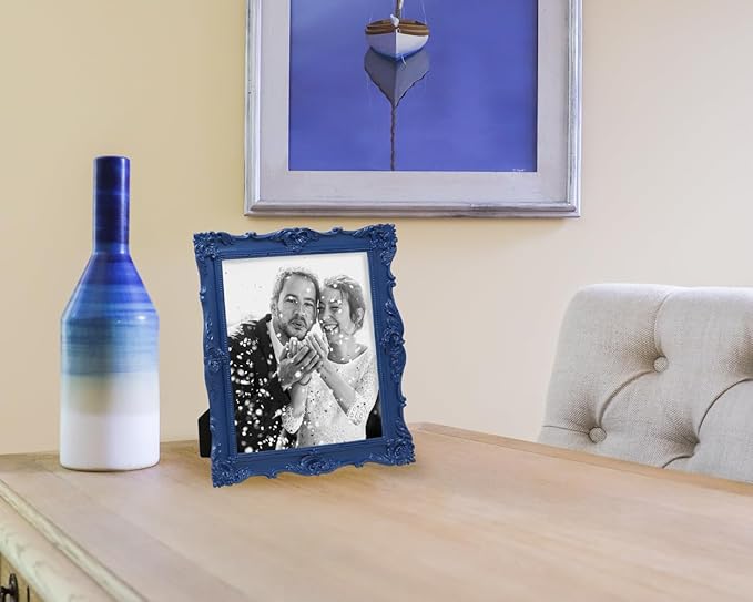 Laura Ashley 8x10 Navy Ornate Textured Hand-Crafted Resin Picture Frame with Easel & Hook for Tabletop & Wall Display, Decorative Floral Design Home Décor, Photo Gallery, Art, More (8x10, Navy)