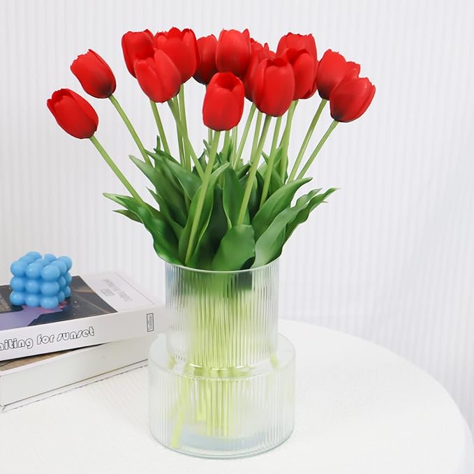 20 Artificial Tulips in Fluted Glass Vase, Waterproof Faux Flowers Bouquet for Wedding Home Office Decor, Table Centerpiece, Housewarming Birthday Gift Set (Red)