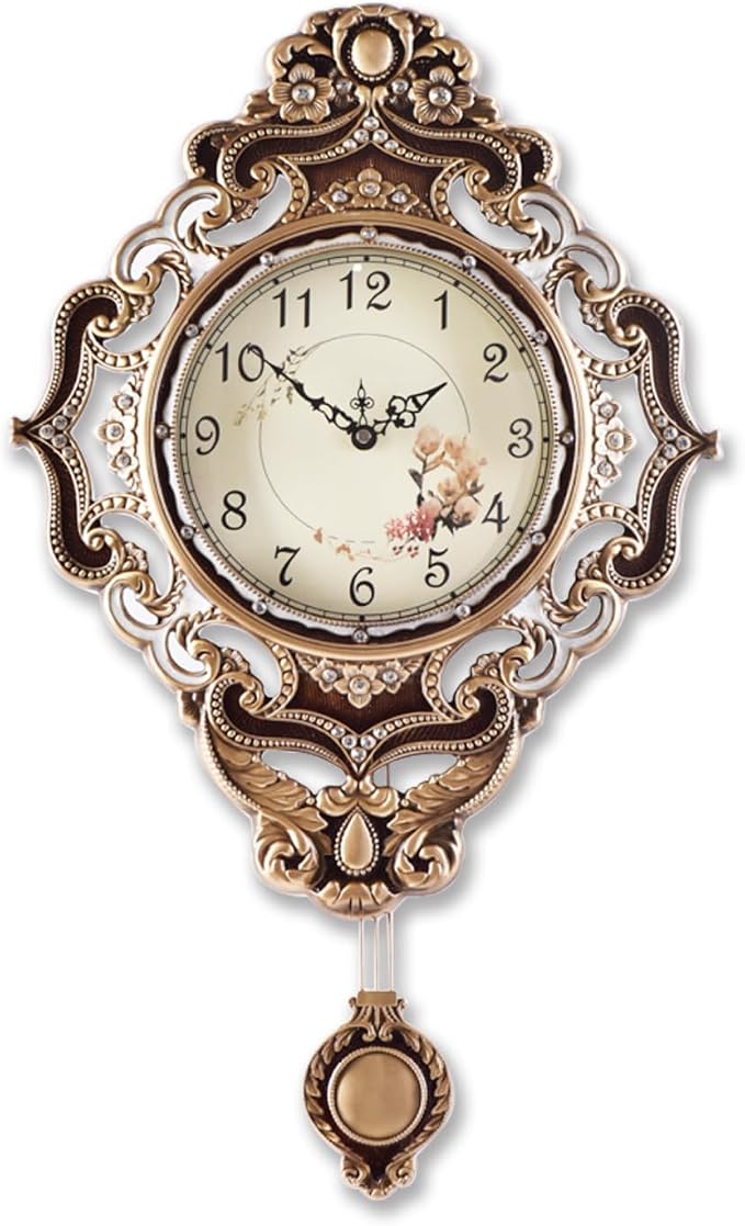 Aero Snail Retro Wall Clock with Pendulum, European Victoria Mid Century Style, Battery Operated Large Metal Silent Clock for Living Bedroom Wall Vintage Decor - Brown