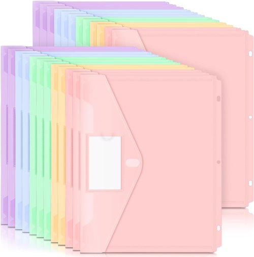 Forvencer Binder Pocket - 24 Pack Super Heavyweight Plastic Folders with Tight Closure | Letter Size Pastels