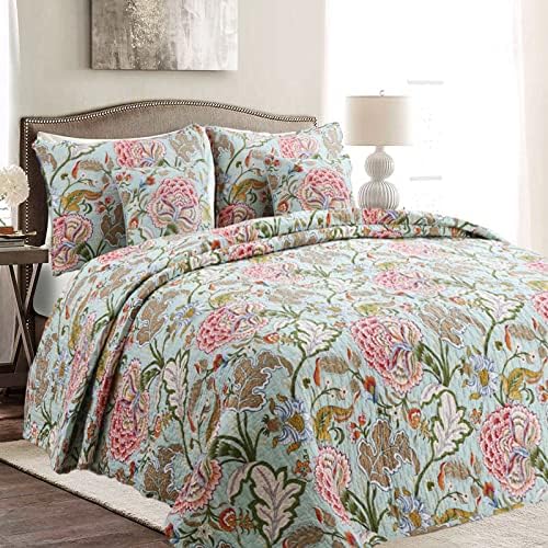 Cozy Line Home Fashions Blooming Red White Floral 100% Cotton Reversible Quilt Bedding Set, Coverlet Bedspread (Camellia Green, King - 3 Piece)