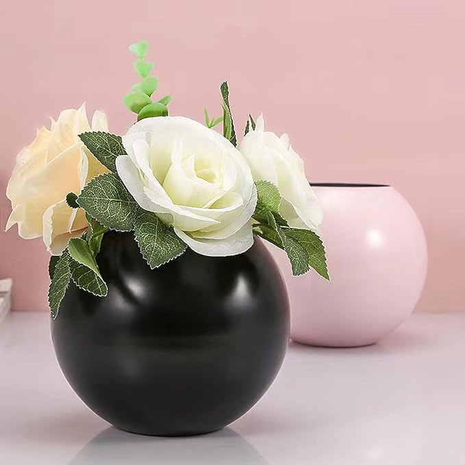 Gold Flower Vase Small Decorative Metal Vases for Table Centerpieces, MIATTCLD Round Gold Plant Pot Home Decor Ideal for Weddings, Parties, Anniversary, Living Room, Restaurants (Black)