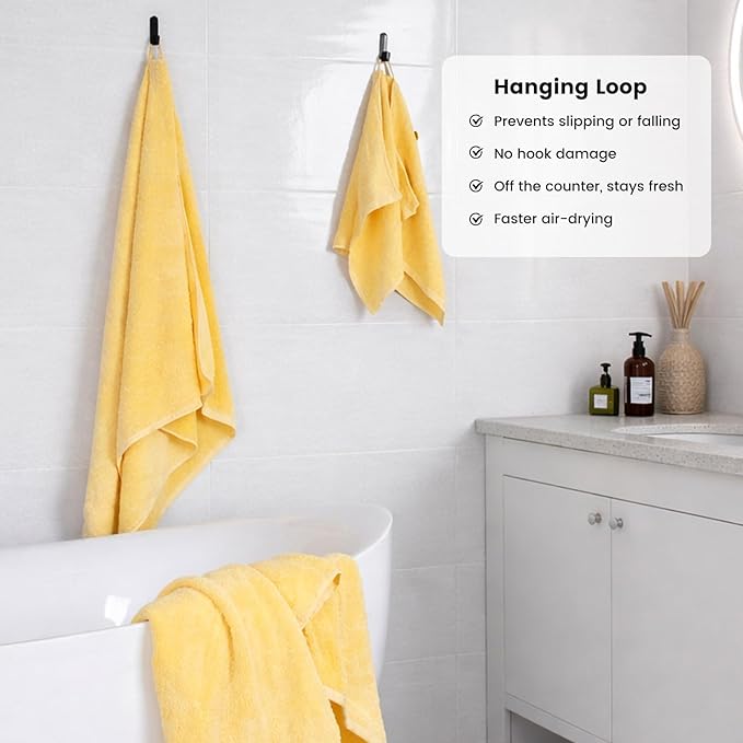 SEMAXE Bath Towel Set, 8 Piece Towel Set for Bathroom, Quick Dry Cotton Towels with Hanging Loops, Easy Care, Yellow
