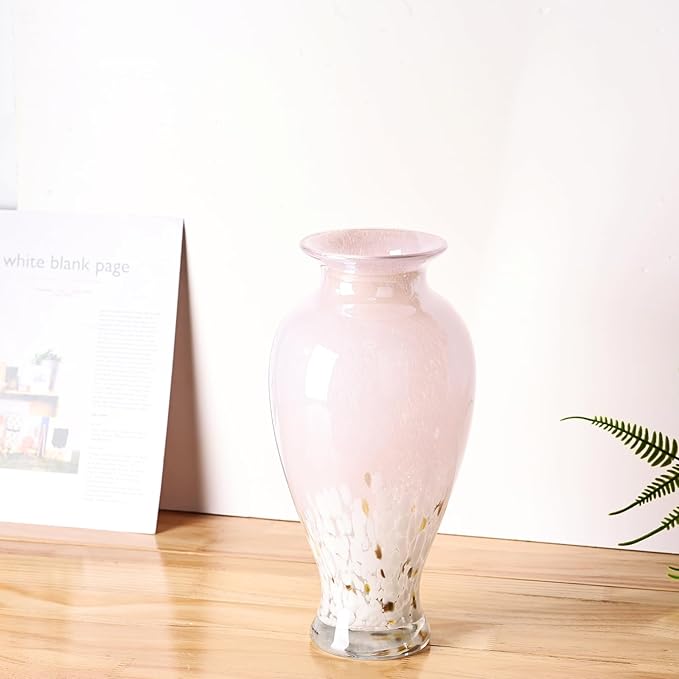 11.8" Tall Pink Glass Vase Beautiful Hand Blown Glass Vase Modern Art Home Decor, Wide Mouth Colorful Vases for Mantle Dining Table Centerpiece, Entryway Living Room Wedding Decoration