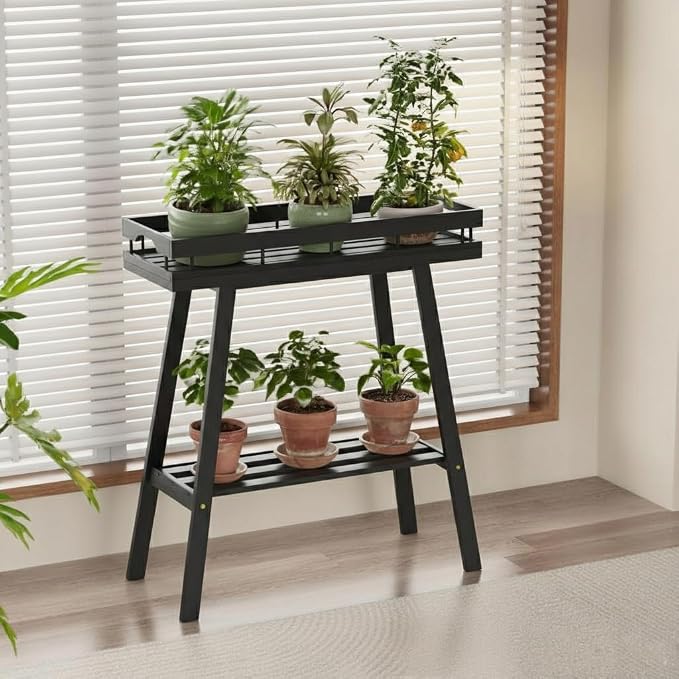 BAMBANG Bamboo Plant Stand Indoor, 2 Tier Small Plant Table, Tall Plant Stand for Indoor Plants, Window Sill Plant Shelf, Flower Pot Holder Plant Bench Plant Rack for Living Room, Black