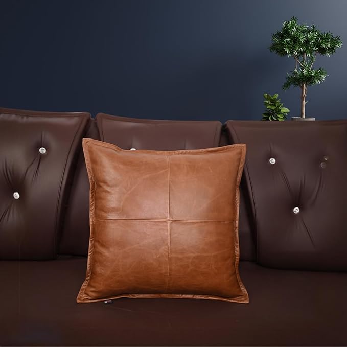 D DOLLY LAMB Lambskin Leather Pillow Cover - Sofa Cushion Case - Decorative Throw Covers for Living Room & Bedroom, 14x14 Inches - Tan Orange Box Pack of 2