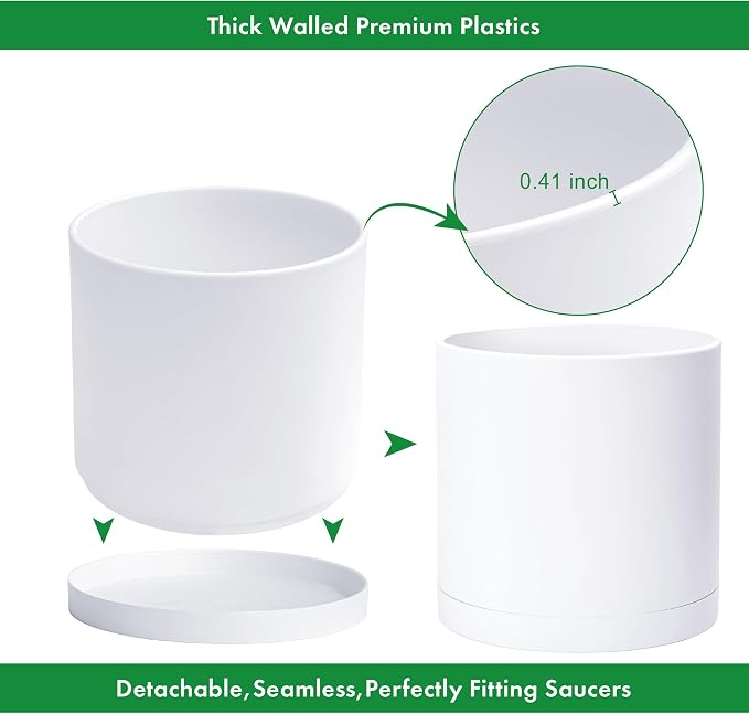 D'vine Dev 16 Inch White Plastic Planter Pots for Plant Pot with Drainage Hole and Seamless Saucers, 74-X-A-5