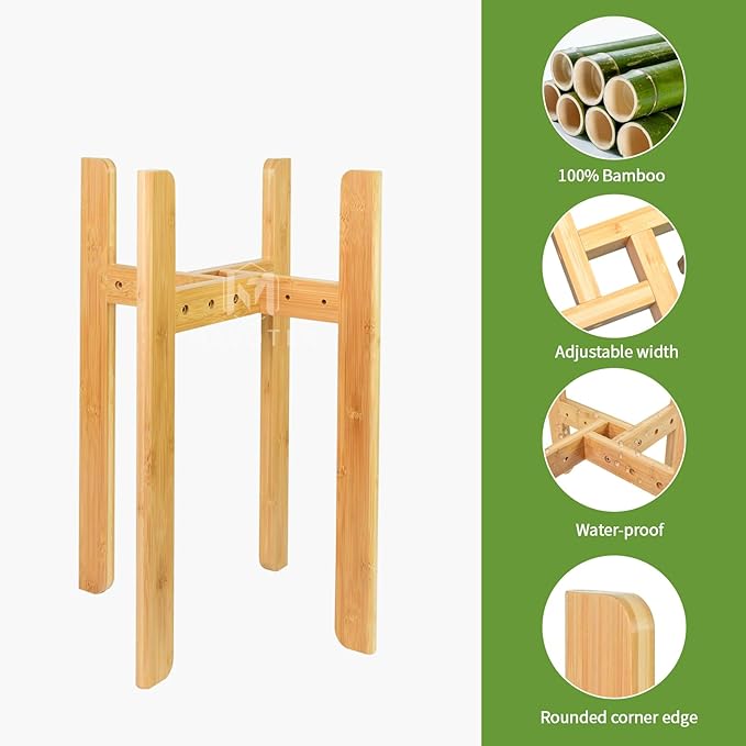 MAVOTER Adjustable Plant Stand Indoor,23.6" Tall Bamboo Mid Century Modern Plants Stands Fits 8-12 Inch Pots,Stable Single Floor Corner Flower Pot Holder for Living Room, Balcony