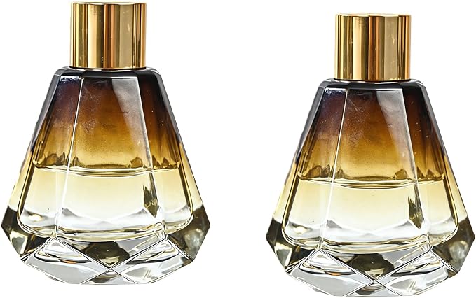 2 Pack 2oz Amber Glass Reed Diffuser Bottles, Diamond Shape with Gold Cap | Faceted glass body, amber gradient tone, polished gold cap, rounded bottle mouth, thickened glass, refillable structure.