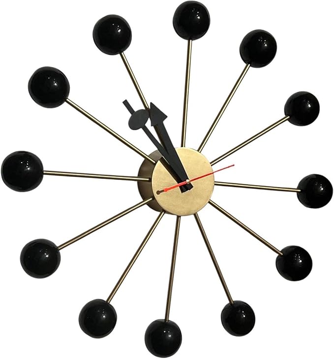 Mid Century Modern Ball Clock – George Nelson Style Wooden Wall Clock, Retro Starburst Design, Silent Non-Ticking Decorative Wall Decor for Living Room, Office, Kitchen & Home (Black, 20 Inch)