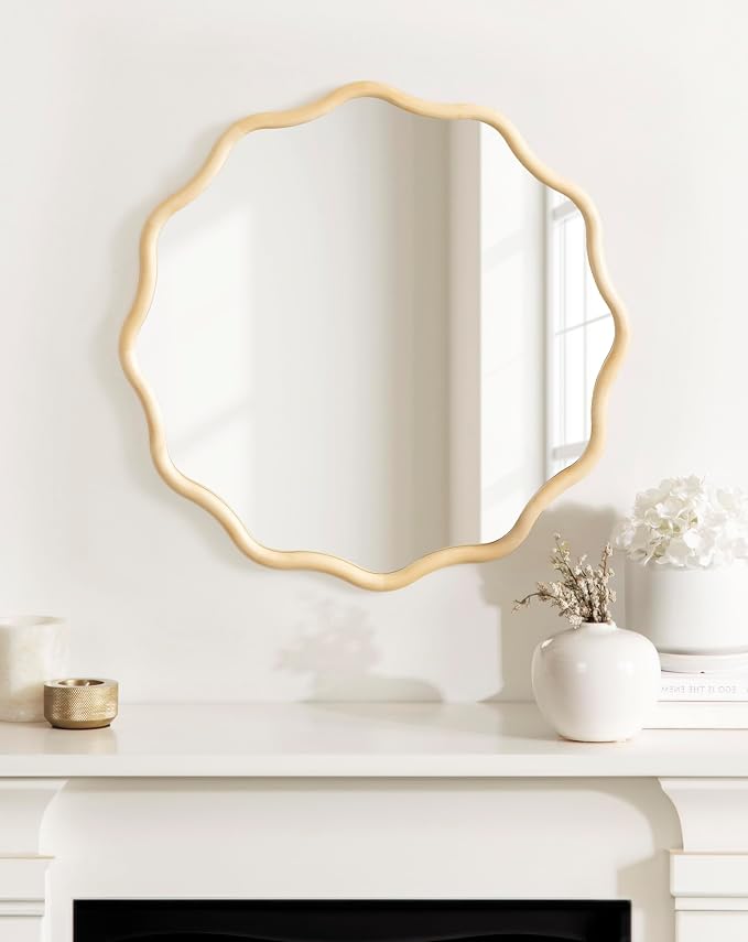 Kate and Laurel Talma Boho Round Scalloped Wall Mirror, 30 Inch Diameter, Natural Wood, Modern Circle Mirror with Solid Poplar Wood Frame and Rounded Frame