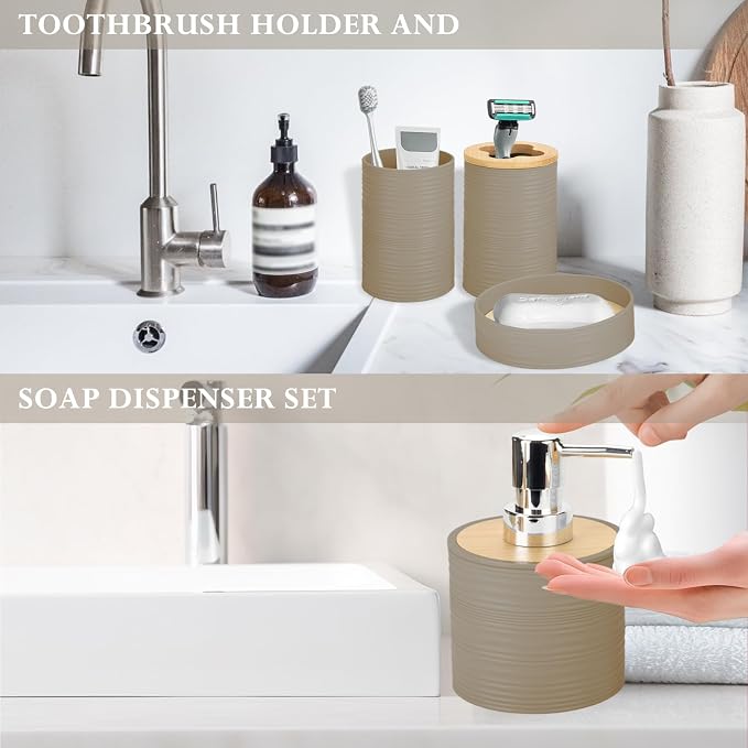 4 Pieces Bamboo Bathroom Accessories Set, Bathroom Accessory Set with Soap Dispenser and Toothbrush Holder, Soap Dish and Toothbrush Cup, Boho Bathroom Decor(Beige)