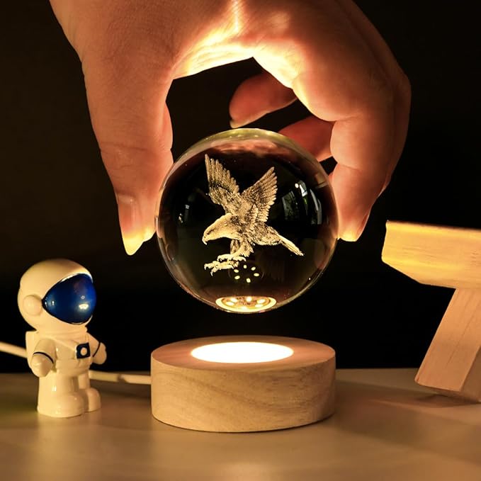 3D Laser Engraved Eagle Crystal Ball, Animal Figurine Decor Glass Sphere Lamp Night Light, Eagle Statue Gifts for Men Women Kids