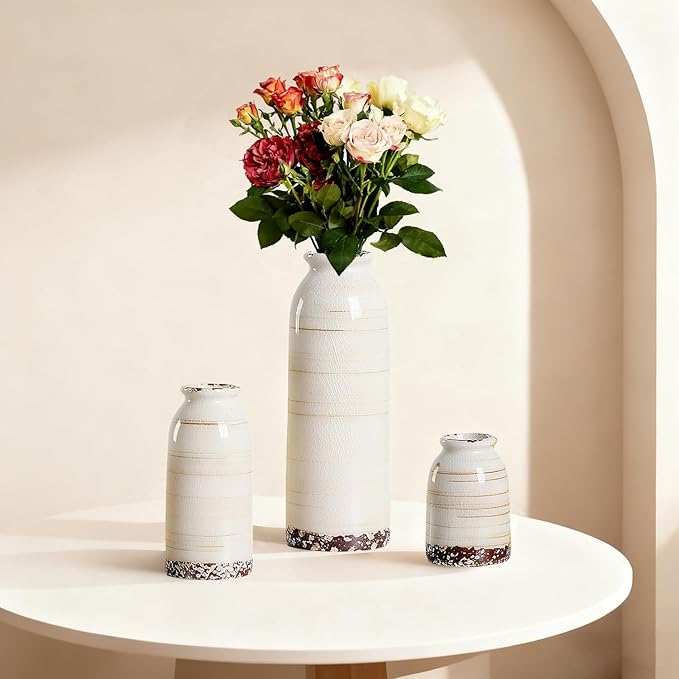 Ceramic Vase Set of 3 – Handcrafted Modern Farmhouse Decorative Vases for Boho Living Room Centerpieces, Entryway Decorations, Coffee Table, Bookshelf, Fireplace Mantel