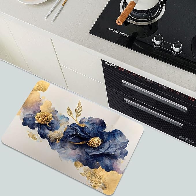 Diatomaceous Earth Bath Mat,Watercolor Flowers Gold and Blue Non-Slip Volume Super Absorbent Fast Drying for Bathroom Kitchen Door mat,Eco-Friendly Easy to Clean 17×27.5Inch (43 * 70cm)