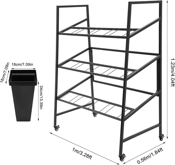 3-Layers Flower Display Stand Metal Plant Holder with 12PCS Buckets Moving Plant Cart Shelf Flower Shelf for Florist Garden Patio,3.28 * 1.84 * 4.04ft (Black Frame With Black Buckets)