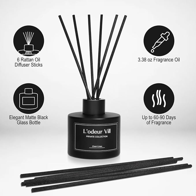 L'odeur Vill Reed Diffuser, 3.4oz(100ml) Clean Linen Reed Diffuser Set with 6 Oil Diffuser Sticks, Matte Black Aroma Scent Diffuser, Long Lasting Home Fragrance for Bathroom Shelf Decor
