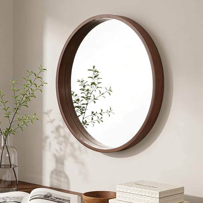WallBeyond 24 Inch Round Wood Mirror, Circle Wooden Frame Wall Mirror for Bathroom, Living Room, Bedroom, Entryway (Walnut)