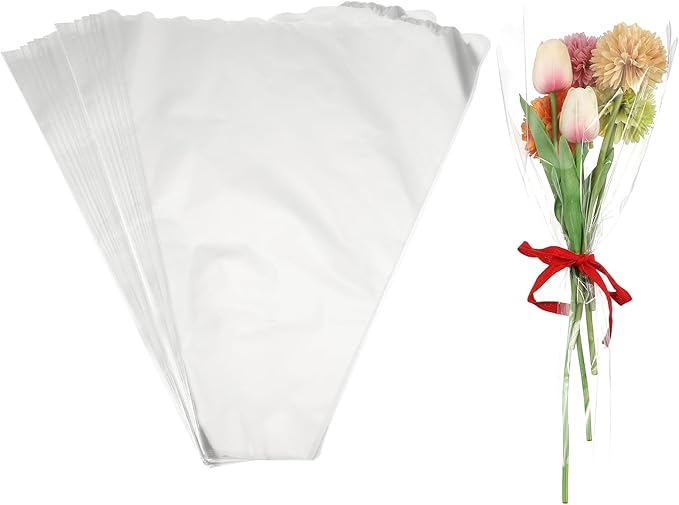 YELARXI Clear Flower Wrapping Bags, Transparent Flower Packaging Bag Waterproof Durable Bouquet Sleeves - Fitting for (Florists/Floral Arrangements Supplies), 16.9x3.9x19.7 Inch & 100Pcs