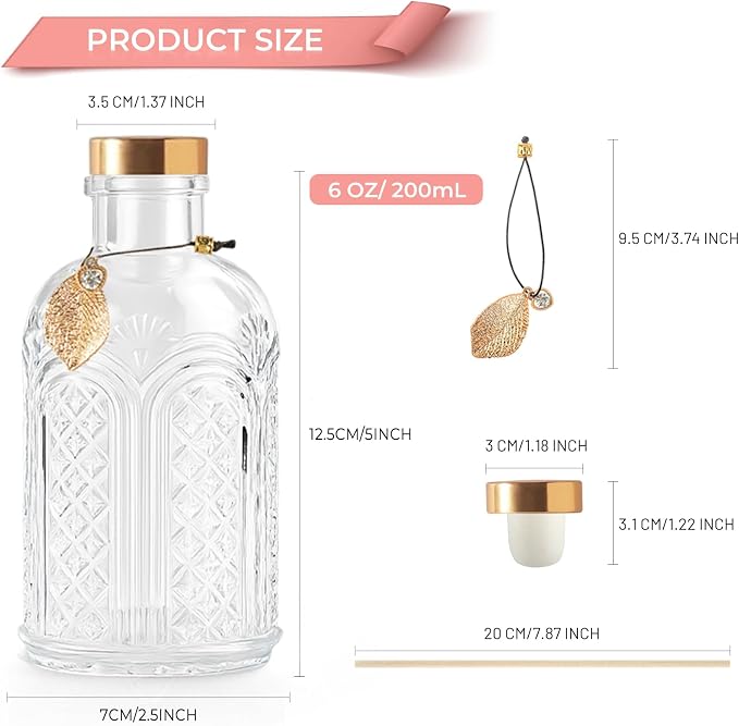Glass Reed Diffusers Bottles for Home, Diffuser Bottles with 40PCS Reed Diffuser Sticks, Vintage Embossed Apothecary Style Flower Bud Vases with Cork Lids, Set of 6