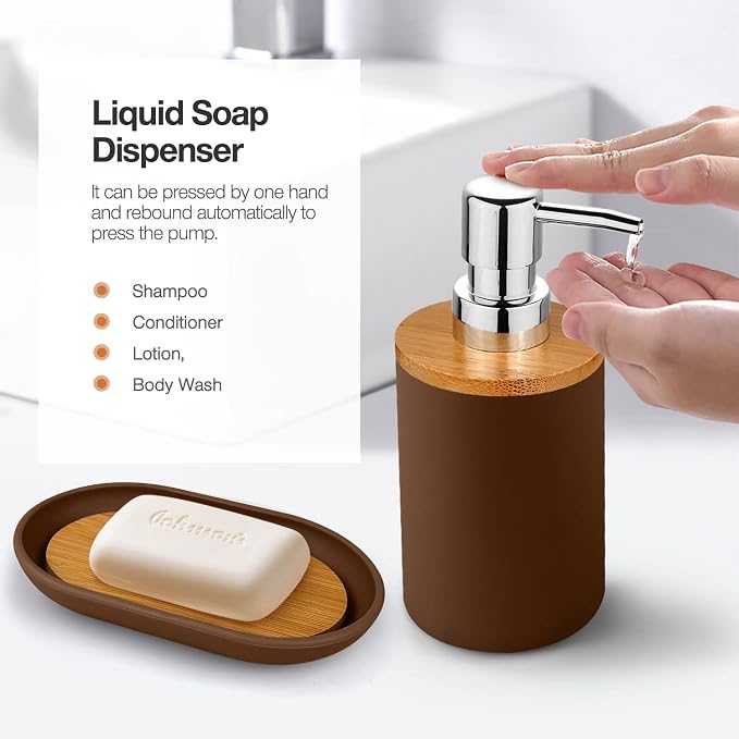 Bathroom Accessory Set, 6 Pcs Bathroom Essential Includes Toothbrush Holder, Toilet Brush with Soap Dispenser, Toothbrush Cup, Soap Dish, Trash Can (Brown, Bamboo)