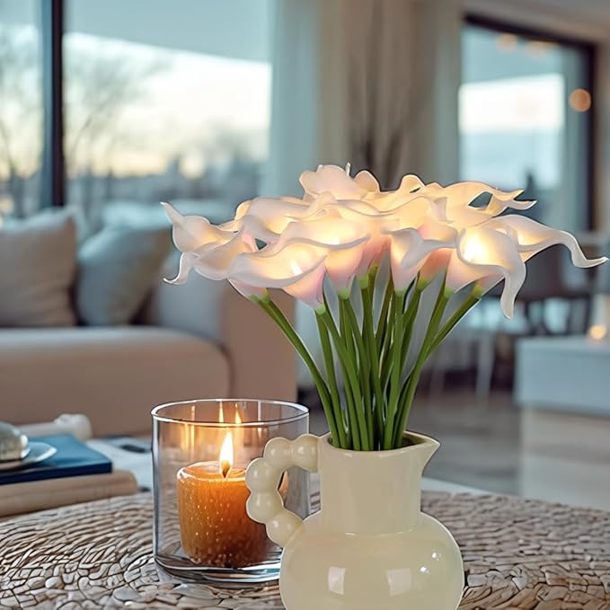 20pcs Artificial Calla Lily Bouquet Lamp Faux Floarl Night Light Real Touch Flower Night Lamp LED Calla Lily Artificial Flower Light for Christmas Gifts Home Kitchen Decor(Whitepurple)