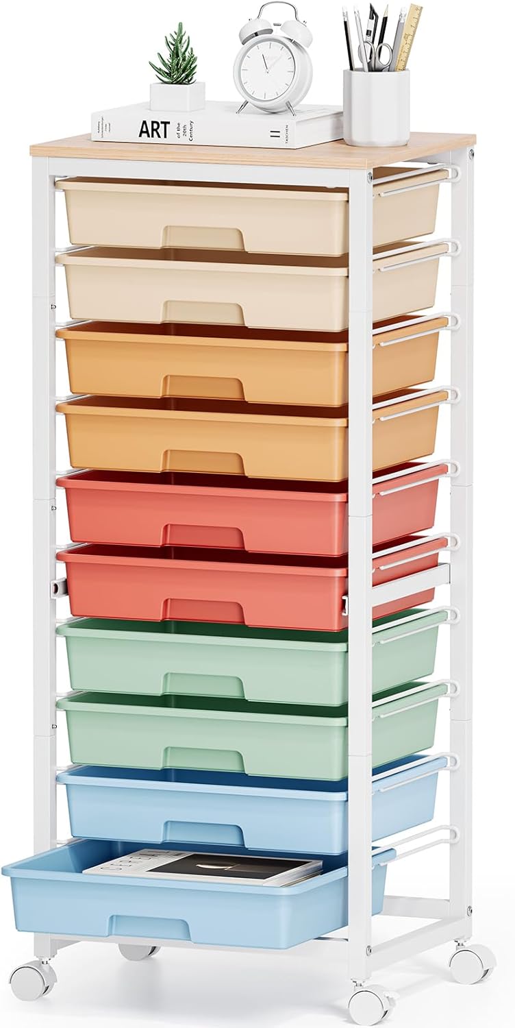SYKIARIOL Rolling Cart - 10 Drawer Utility Storage Cart with Wheels & Wooden Tabletop | Rainbow Color