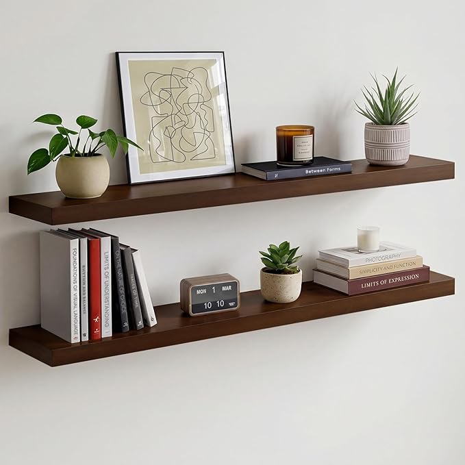 Homeforia Walnut 42 inch Floating Shelves, High End Solid Real Wood 42inch Floating Shelf for Wall, Large Dark Brown 42 inches Long Floating Shelves, Heavy Duty Bracket, 42 X 6.5 X 1.75 inch, Set of 3