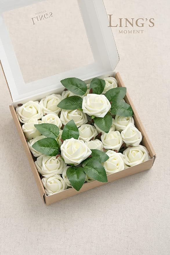 Ling's moment Artificial Wedding Flowers 1.5" Rose Buds and 2" Petite Roses 25pcs Ivory w/Stem for DIY Wedding Boutonniere Wrist Corsages Bouquets Centerpieces Arrangements