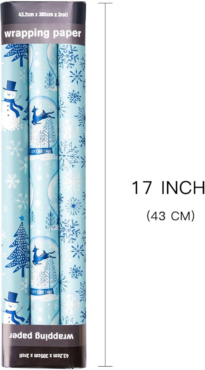 LeZakaa Blue Christmas Wrapping Paper Mini Roll, Snowman Reindeer Crystal Ball Snowflake Tree Metallic Foil Holiday Gift Wrap, Arts Craft, for Xmas Winter Party, 17 x 120 inches, 3 Rolls
