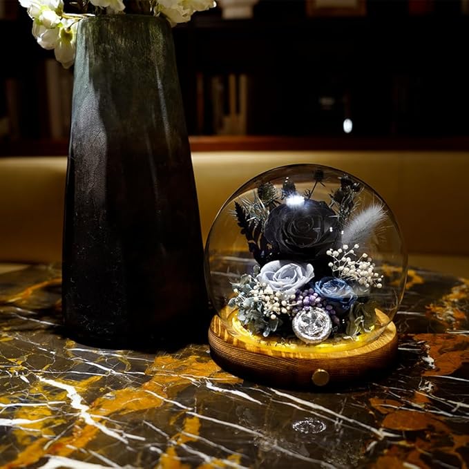Preserved Real Rose Flowers in Glass Dome with LED Lights,Real Rose Flowers Unique Floral Gift for Girlfriend Mom Wife Girlfriend on Christmas Birthday Anniversary (Elegant Black)