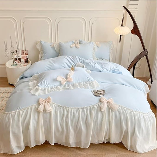 Ruffled Bedding Bow Duvet Cover Set with Butterfly Tie, Princess Style 1 Duvet Cover with 2 Pillowcases,Zipper Closure, No Comforter-Blue,Queen Size