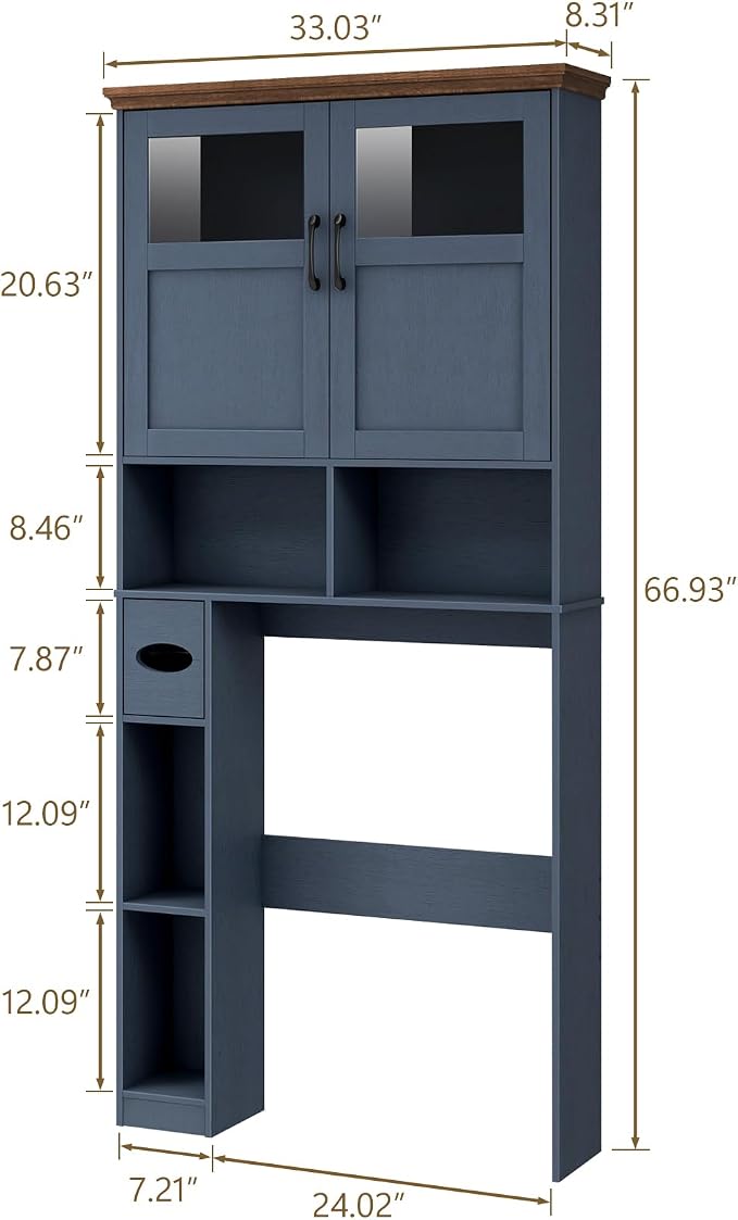 Vabches Over The Toilet Storage Cabinet, Storage Cabinet Over Toilet with Double Doors & Toilet Paper Holder Stand, Freestanding Toilet Shelf Space Saver with Anti-Tip Design & Adjustable Shelf, Blue