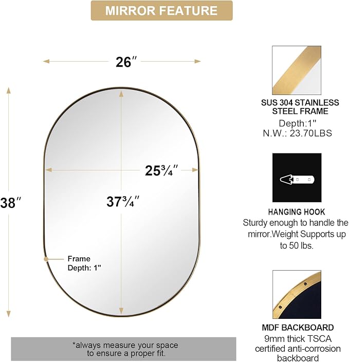 ANDY STAR 26x38 Inch Gold Oval Mirror, Oval Brass Mirror Pill Shaped Stainless Steel 1’’ Deep Metal Frame Wall Mounted Vertically & Horizontally Ideal for Limited Space